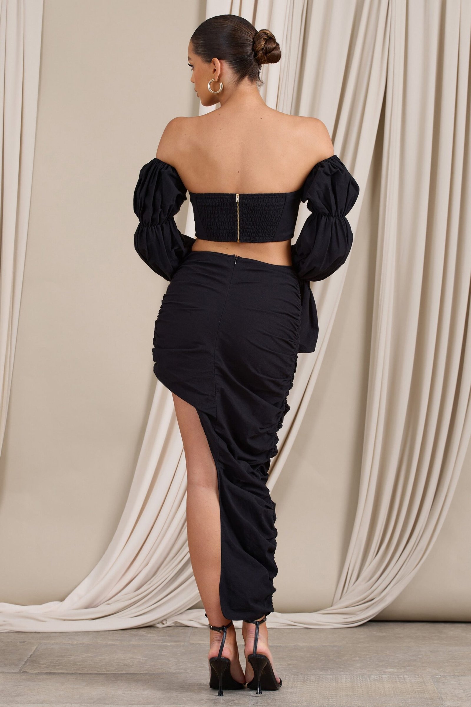Holiday | Black Ruched Asymmetric Maxi Skirt - Image 2