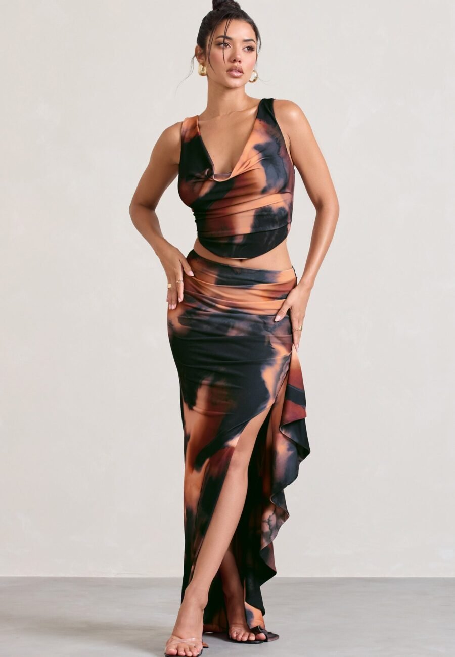 La Belle | Orange Smoke Print Ruffle Maxi Skirt With Thigh Split