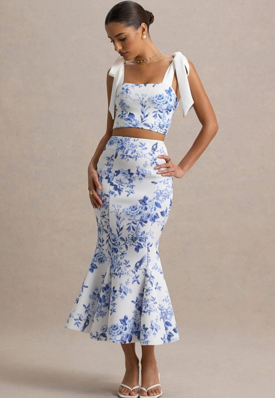 Amadea | Blue Porcelain Print Fishtail Midi Skirt