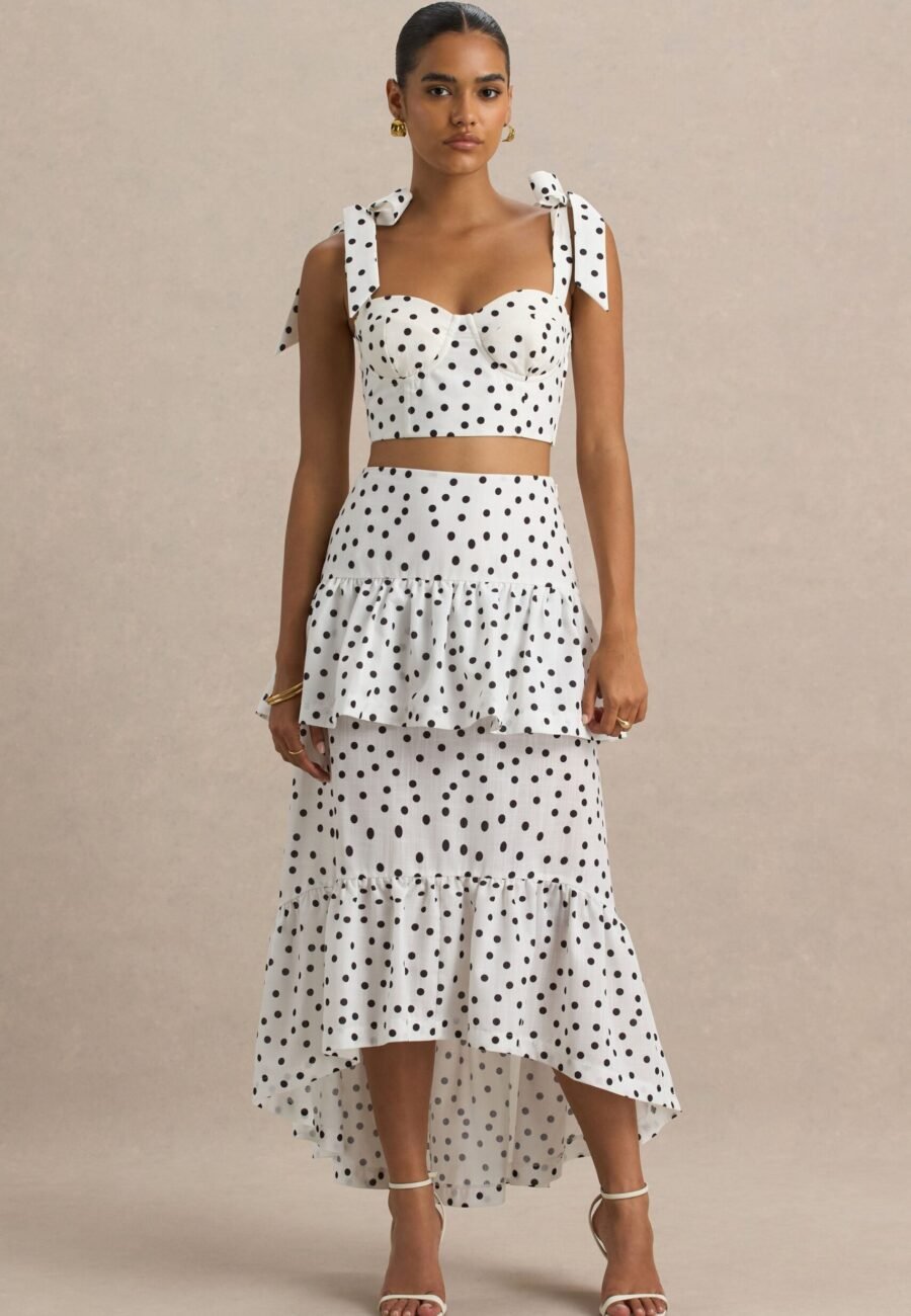 Emry | White Polka Dot High-Waist Maxi Skirt With Ruffle Detail