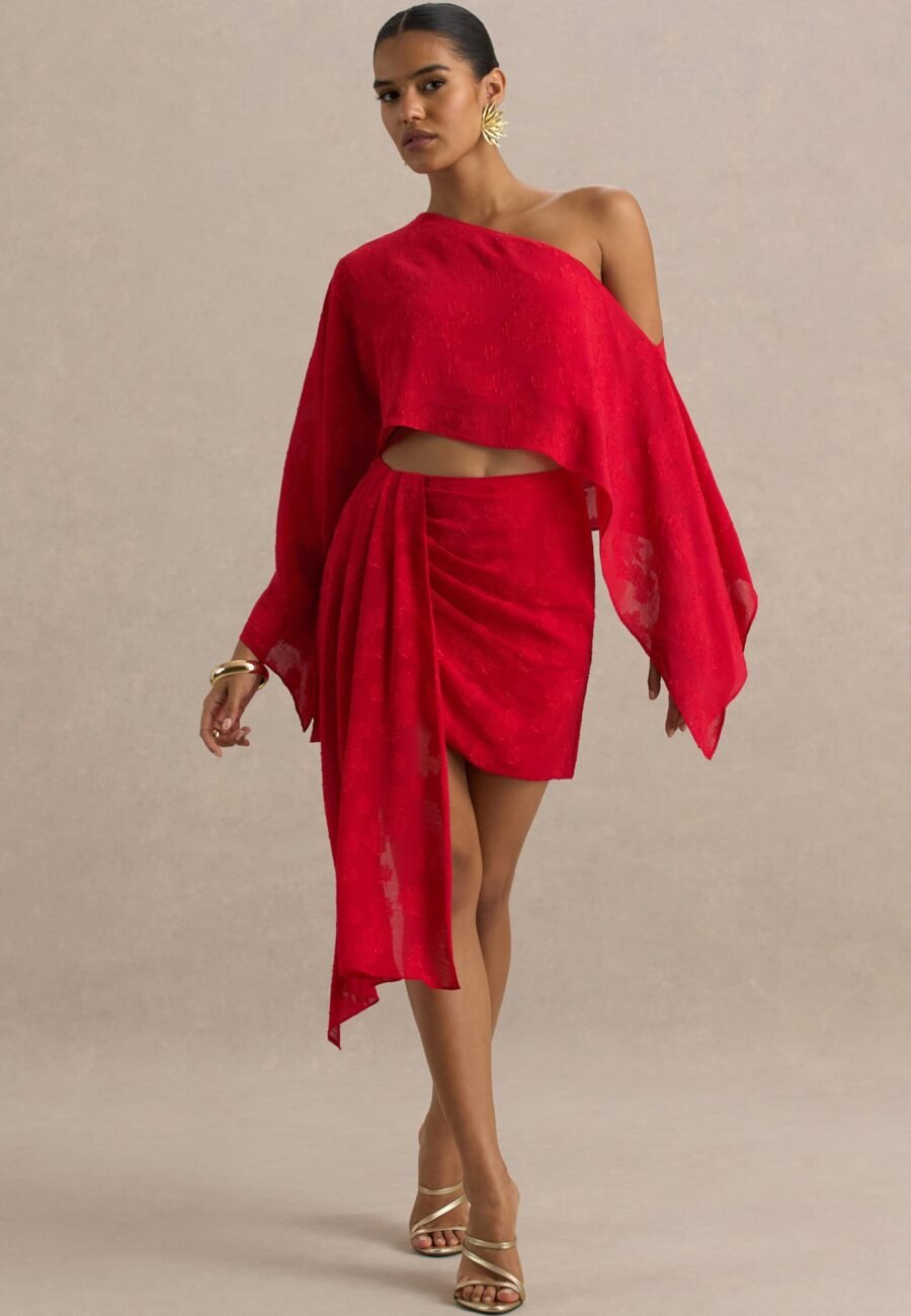 Melania | Red Satin Devore Wrap Mini Skirt With Sash Detail