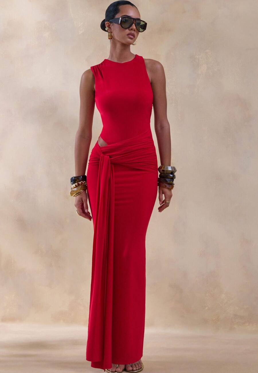 Neile | Red Crew-Neck Maxi Dress With Cut-Out and Sash Details