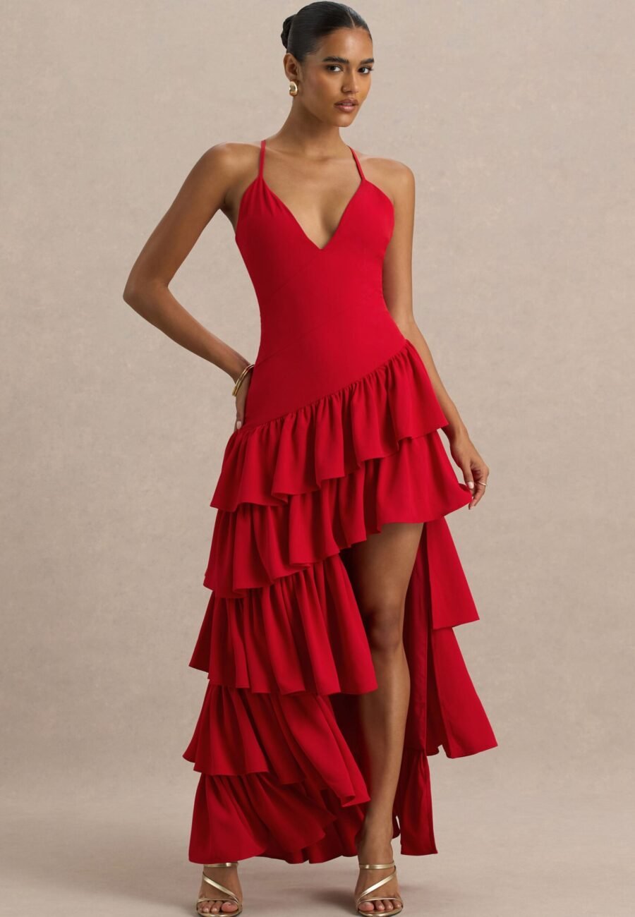 Bogota | Red Plunge-Neck Maxi Dress With Ruffling Details And Front High Split
