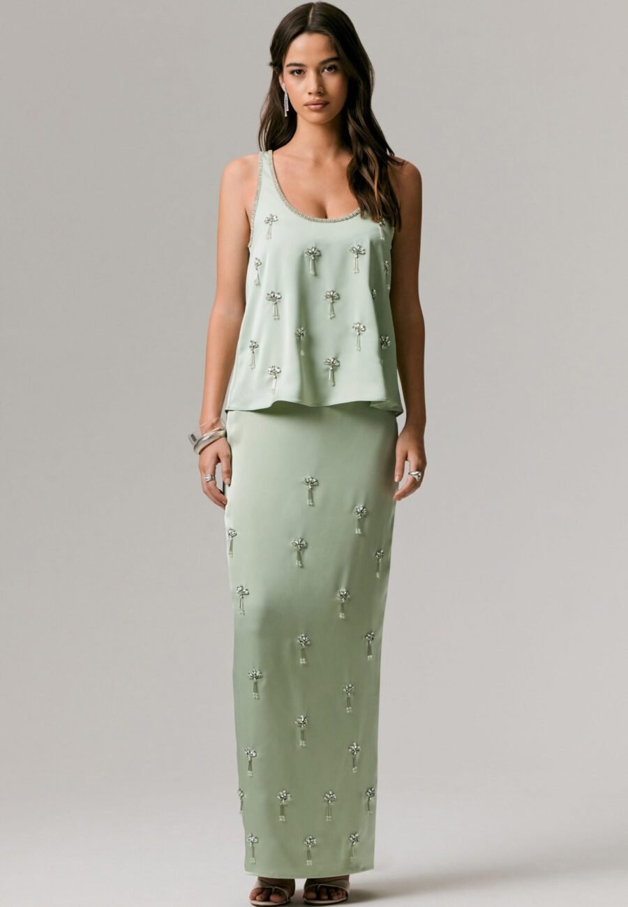 Lena | Mint Satin Embellished Maxi Skirt