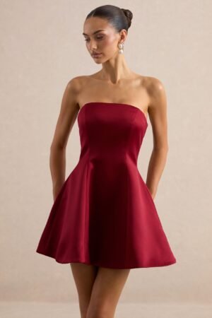 Lioray | Burgundy Satin Bandeau-Neck A-Line Mini Dress