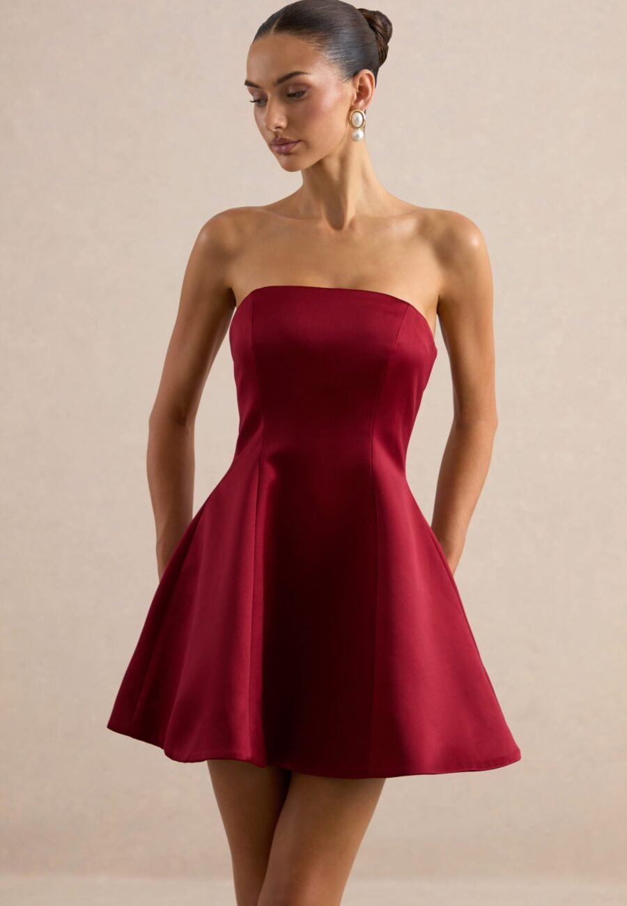 Lioray | Burgundy Satin Bandeau-Neck A-Line Mini Dress