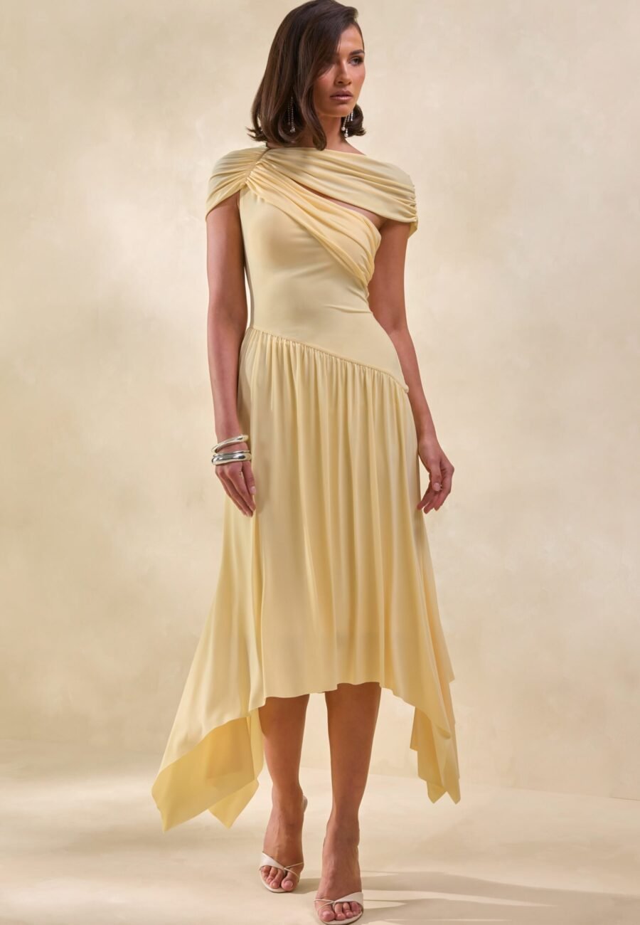 Lorina | Lemon Midi Dress With Asymmetric-Waist