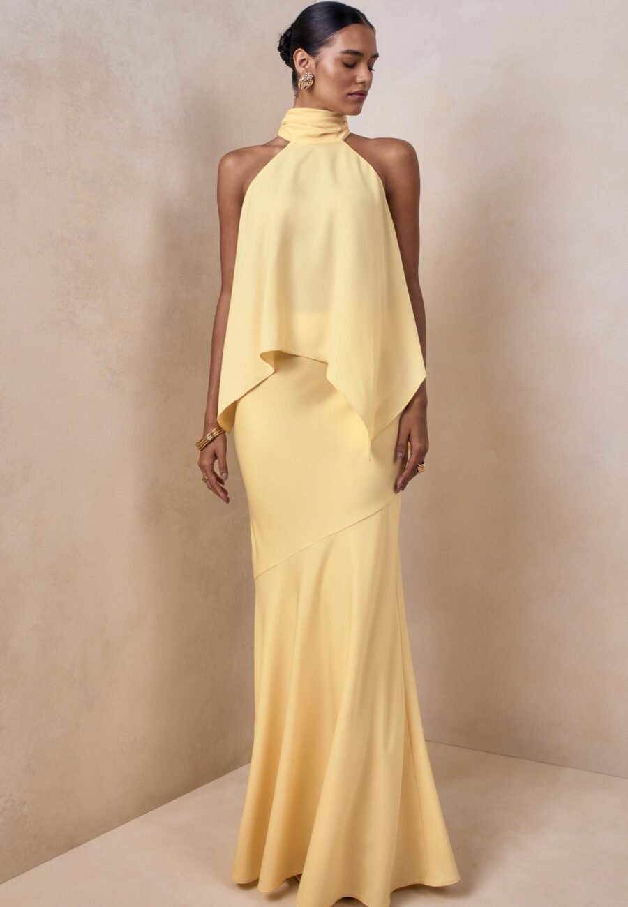 Vayla | Lemon Matte Satin Asymmetric Drop-Waist Maxi Skirt