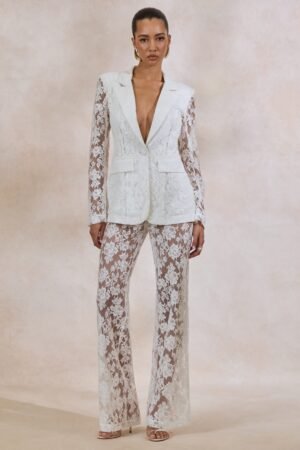 Viloria | White Sheer Lace Wide-Leg Trousers