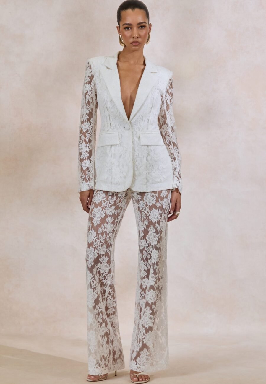 Viloria | White Sheer Lace Wide-Leg Trousers