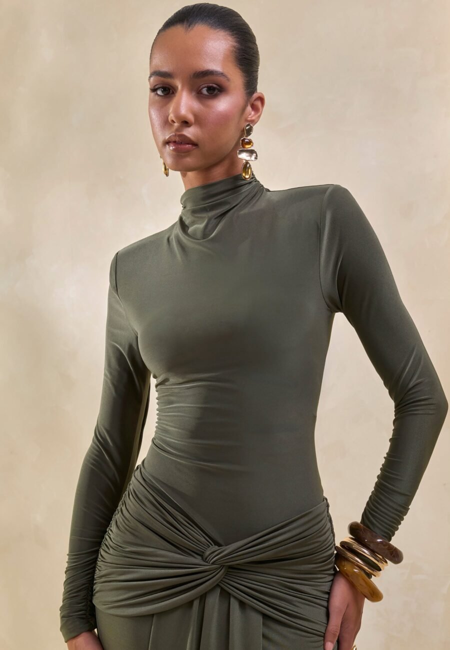 Lyanna | Khaki Turtle-Neck Thong Bodysuit