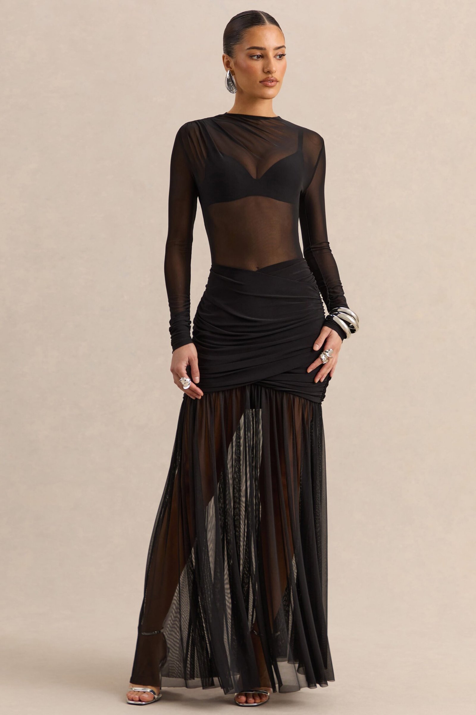 Garina | Black Mesh High-Neck Thong Bodysuit With Long-Sleeves - Image 3