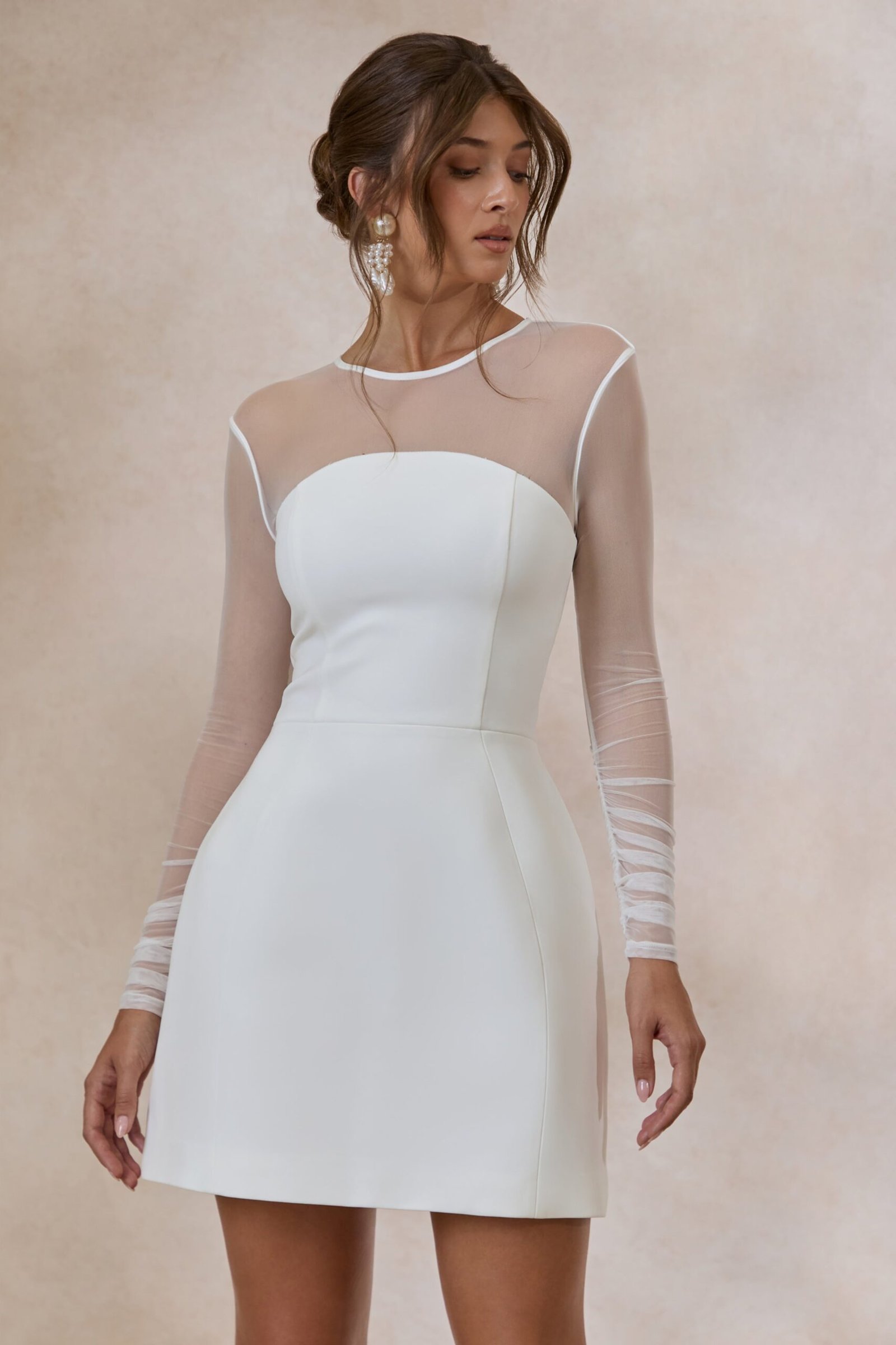 Unveila | White Crew-Neck Mini Dress With Mesh-Detailing - Image 3