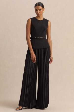 Lerenza | Black Satin Wide-Leg Pleated Trousers