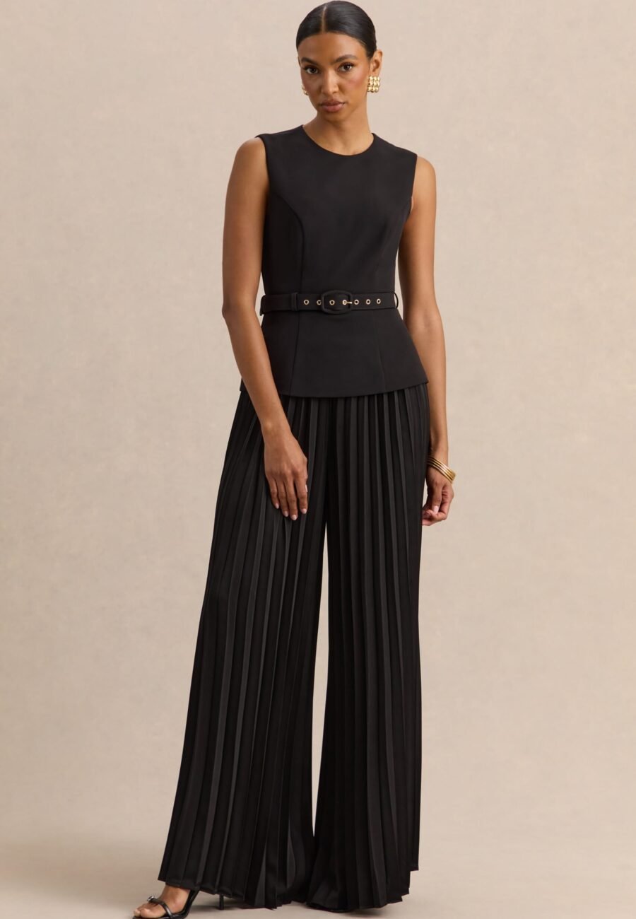 Lerenza | Black Satin Wide-Leg Pleated Trousers