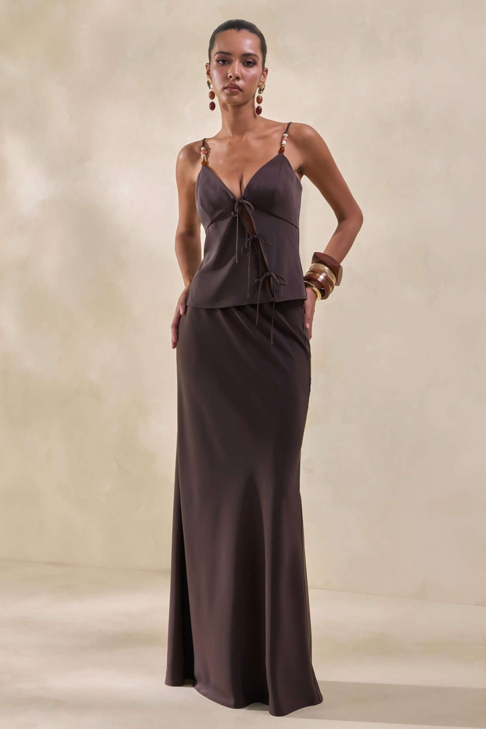 Sybella | Dark Brown Satin V-Neck Top - Image 2