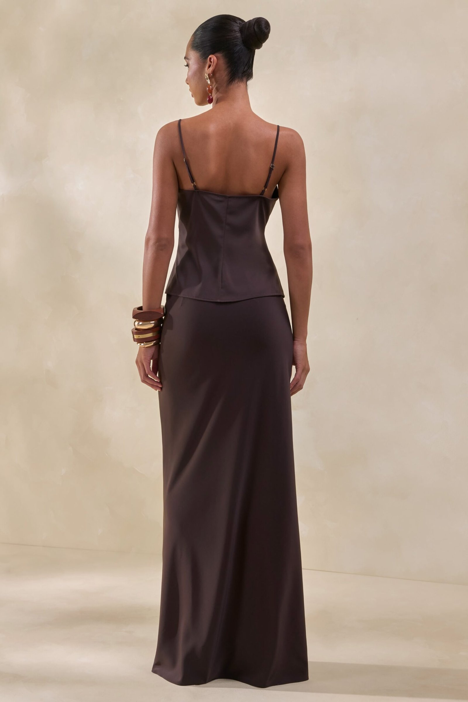 Sybella | Dark Brown Satin V-Neck Top - Image 3