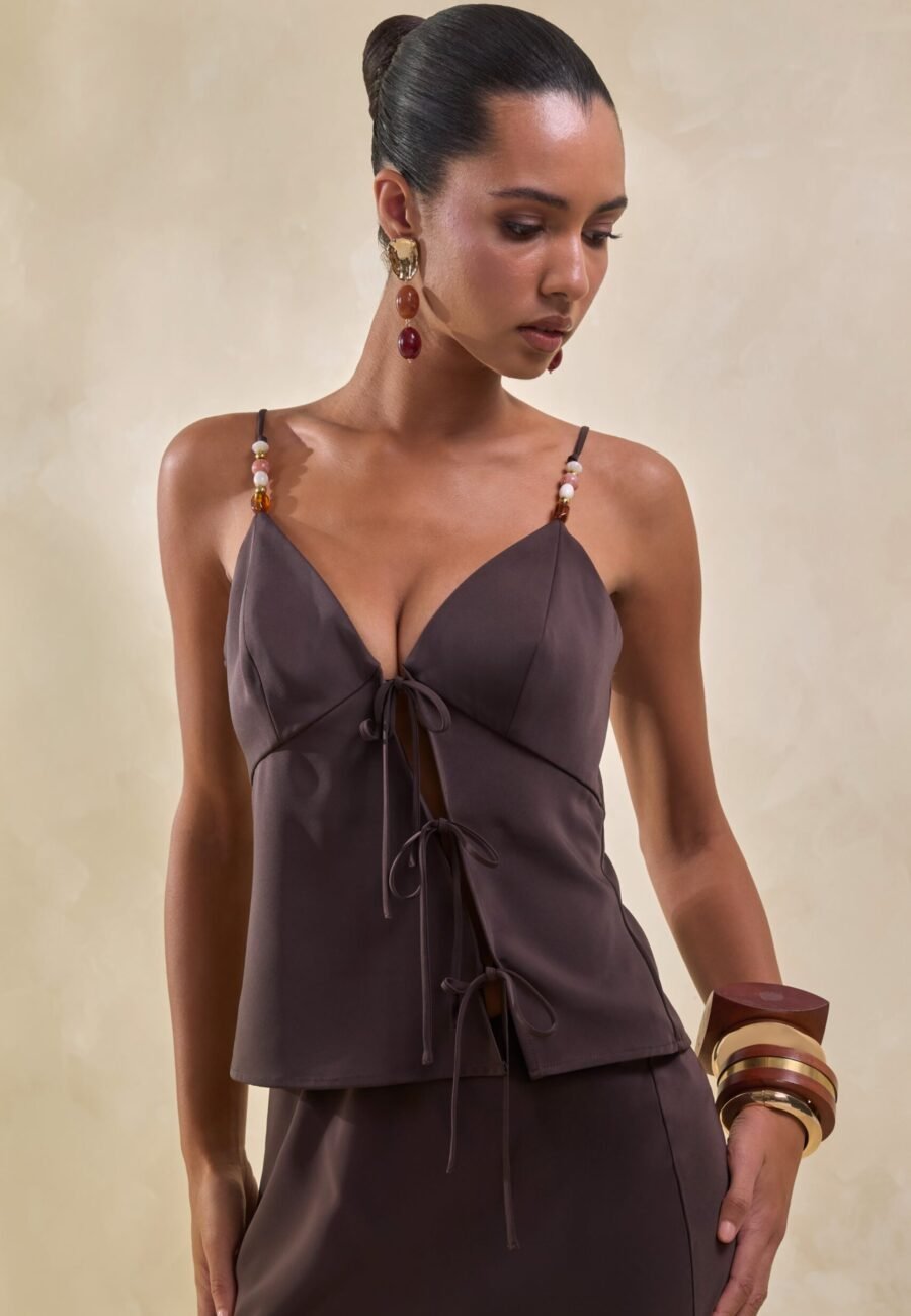 Sybella | Dark Brown Satin V-Neck Top